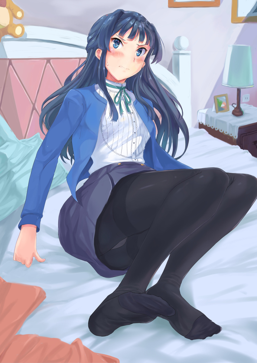 1girl artist_request black_hair black_legwear blue_eyes blush commentary_request feet gusset highres idolmaster idolmaster_million_live! long_hair looking_at_viewer mogami_shizuka no_shoes on_bed pantyhose ribbon soles solo