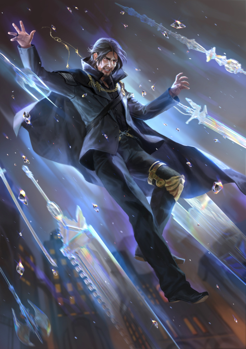1boy absurdres beard black_hair building cape clenched_teeth facial_hair final_fantasy final_fantasy_xv formal giselle_almeida glowing glowing_weapon highres knee_brace midair noctis_lucis_caelum older red_eyes solo suit teeth weapon