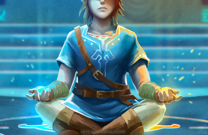 1boy belt blonde_hair boots bracer eternal_legend head_out_of_frame indian_style link meditation sitting solo the_legend_of_zelda the_legend_of_zelda:_breath_of_the_wild tunic white_legwear