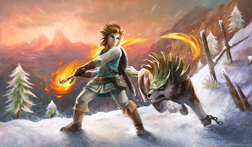 1boy blonde_hair blue_eyes boots brown_gloves crossover dual_persona eternal_legend facial_mark forehead_mark gloves highres link link_(wolf) mountain mountaintop shield snow the_legend_of_zelda the_legend_of_zelda:_breath_of_the_wild the_legend_of_zelda:_twilight_princess wolf