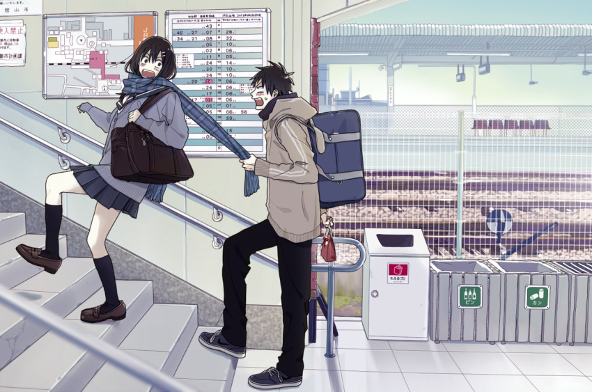 1boy 1girl black_hair blush gift hood hoodie long_hair open_mouth railing railroad_tracks scarf_grab scarf_pull school_uniform serafuku skirt sleeves_past_wrists stairs suzuki-san sweater takahashi_akira_(suzuki-san) tanaka_takana train_station trash_can tsundere yamada_(onigori105)