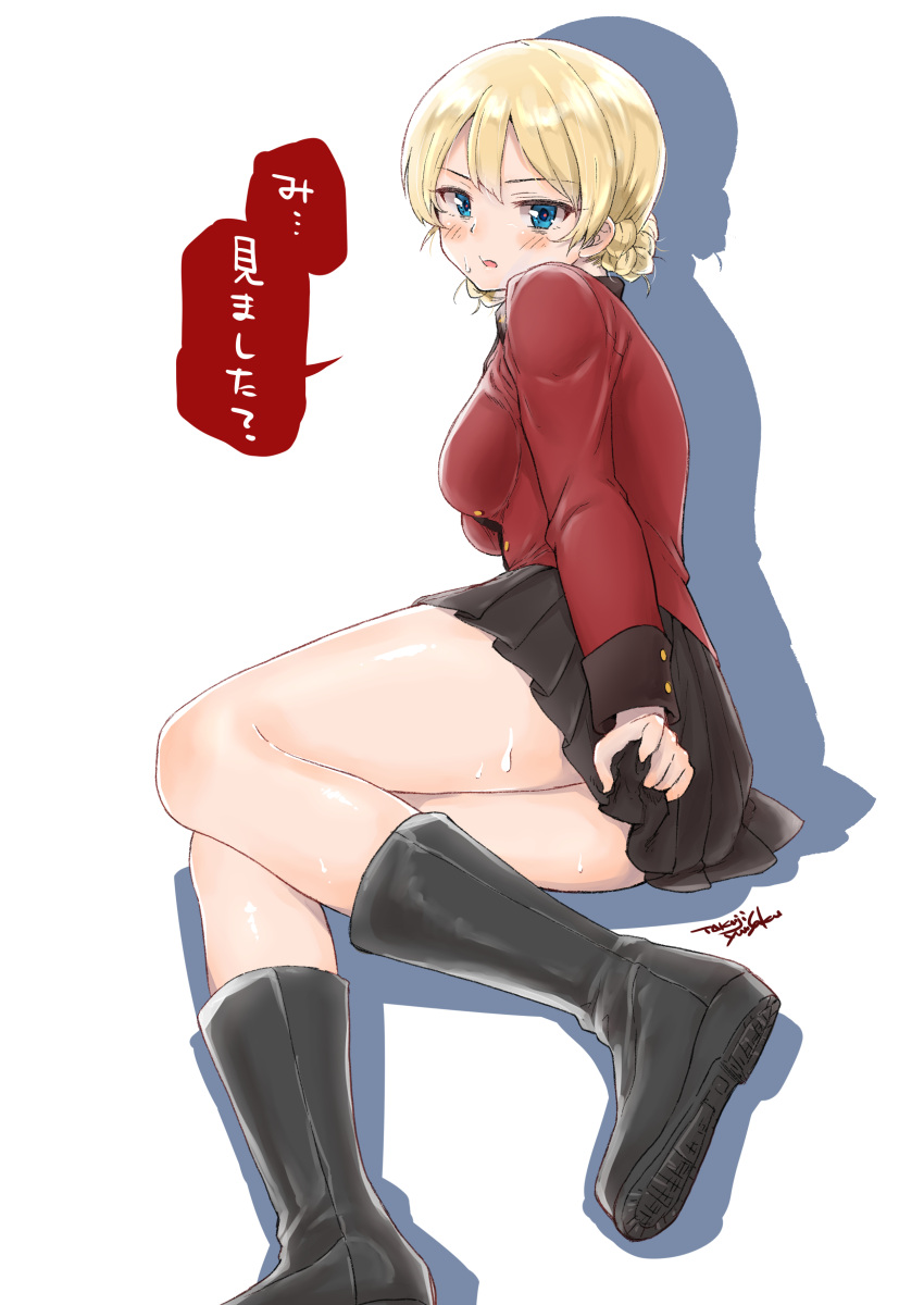 1girl absurdres artist_name bangs black_boots black_skirt blonde_hair blue_eyes blush boots braid covering darjeeling embarrassed full_body girls_und_panzer highres jacket long_sleeves looking_at_viewer looking_back lying military military_uniform miniskirt on_side parted_lips pleated_skirt red_jacket short_hair signature simple_background skirt skirt_tug solo sweat sweatdrop takuji_yuusaku tied_hair translated twin_braids uniform white_background