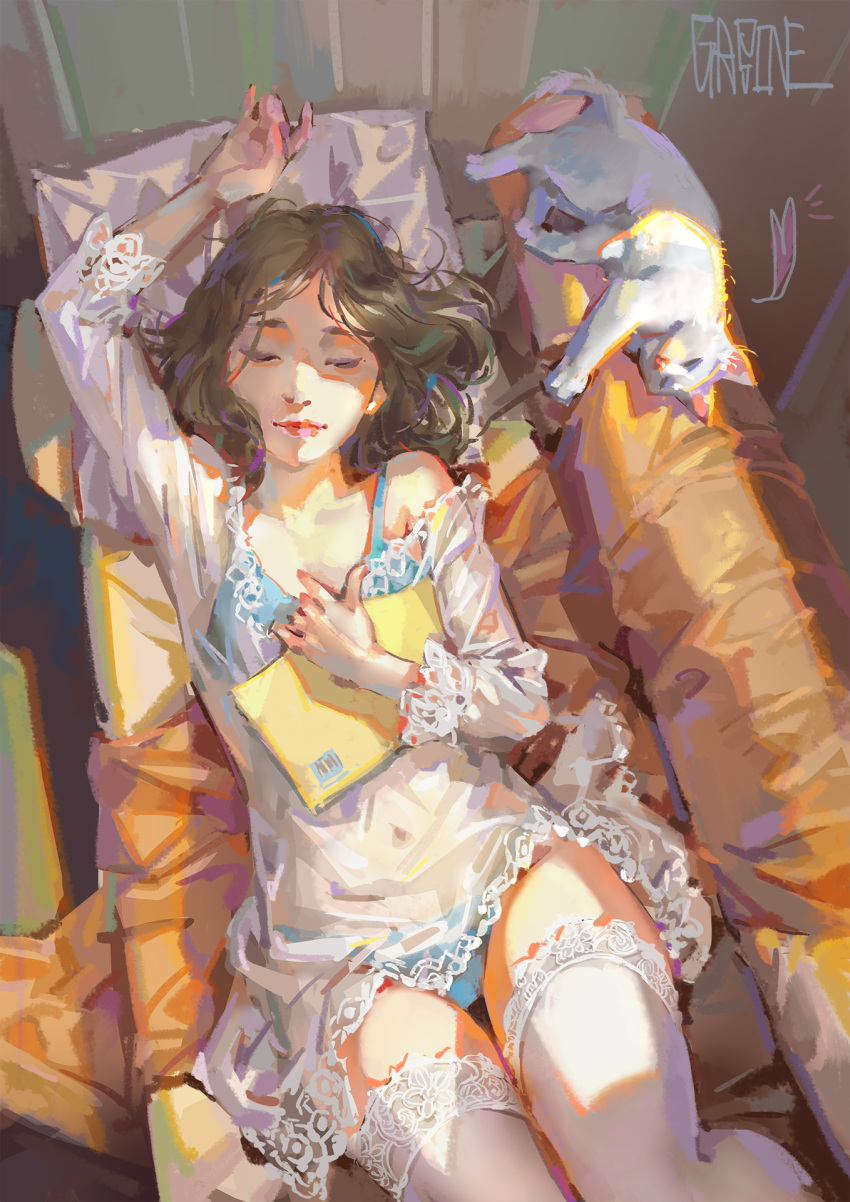 1girl animal arm_up artist_name bangs blue_bra blue_panties boots bra breasts brown_hair cat closed_eyes closed_mouth fingernails heart highres lace lace-trimmed_thighhighs nail_polish navel off_shoulder original panties parted_bangs pillow pink_nails see-through shengyi_sun short_hair sleeping small_breasts smile solo thigh-highs thigh_boots underwear white_cat white_legwear