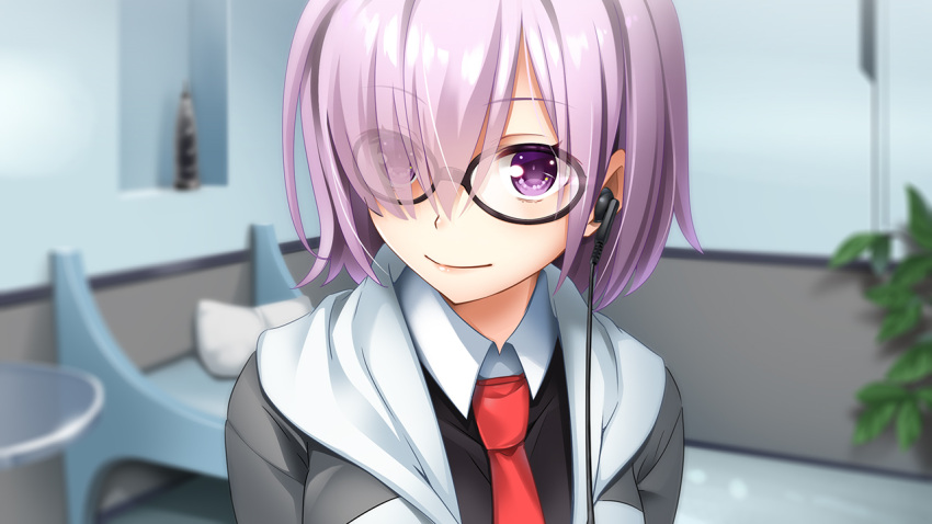 1girl black-framed_eyewear earphones eyebrows_visible_through_hair eyes_visible_through_hair fate/grand_order fate_(series) glasses hair_over_one_eye lavender_hair necktie red_necktie shielder_(fate/grand_order) short_hair smile solo upper_body violet_eyes wapokichi