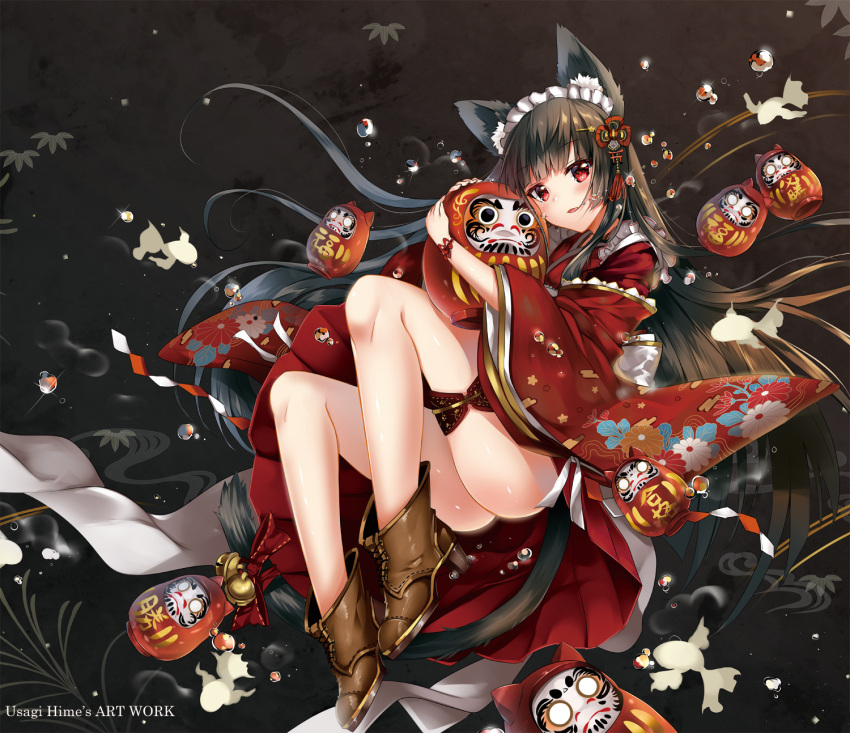 1girl animal_ears artist_name ass black_hair brown_shoes cat_ears cat_tail daruma_doll duji_amo floral_print highres japanese_clothes long_hair original red_eyes shoes solo tail watermark wide_sleeves