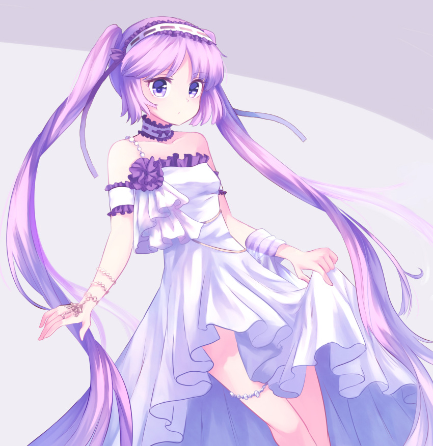 1girl arm_garter bangs bare_shoulders blush breasts choker closed_mouth collarbone corsage cowboy_shot dress euryale eyebrows_visible_through_hair fate/grand_order fate/hollow_ataraxia fate_(series) frilled_choker frilled_dress frills hairband highres jewelry lolita_hairband long_hair looking_at_viewer parted_bangs purple_hair ribbon sidelocks sleeveless sleeveless_dress small_breasts solo twintails very_long_hair violet_eyes white_dress yanaki_(yngaailg)