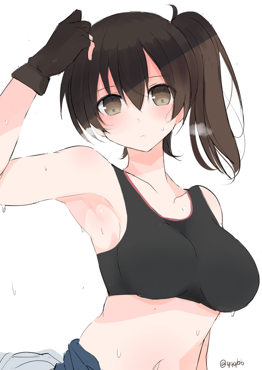 1girl absurdres arm_up artist_name black_gloves breasts brown_eyes brown_hair dripping fingerless_gloves gloves heavy_breathing highres kaga_(kantai_collection) kantai_collection large_breasts looking_at_viewer midriff nao_(qqqbb) navel side_ponytail simple_background solo sports_bra sweat sweating twitter_username upper_body white_background