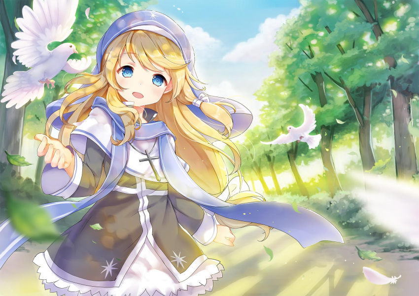1girl bird blond_ehair blonde_hair blue_eyes blue_scarf cross cross_necklace day dress hair_ribbon highres jewelry long_hair magi_in_wanchin_basilica necklace nun open_mouth outdoors ribbon scarf solo tree white_featheres white_feathers white_ribbon xiao_ma