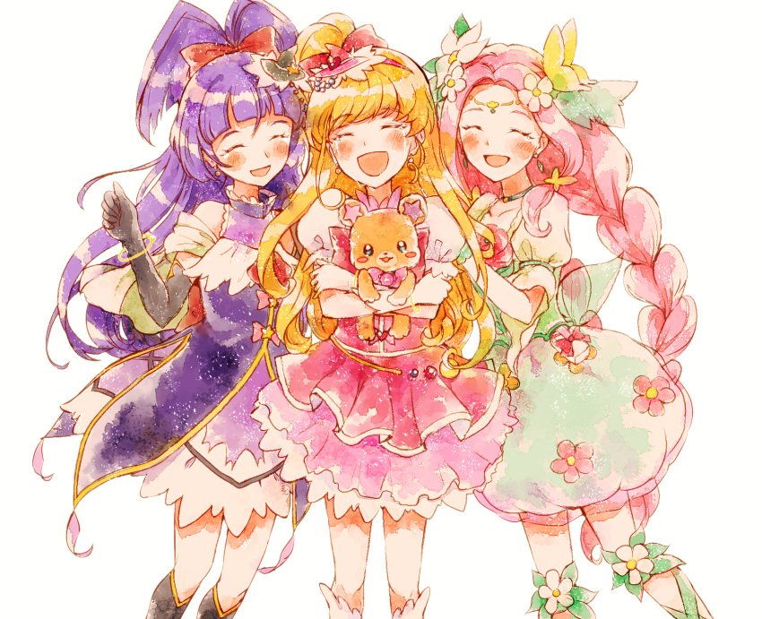 1girl 3girls asahina_mirai bear blonde_hair blush bow braid closed_eyes cowboy_shot creature crying cure_felice cure_magical cure_miracle flower gloves ha-chan_(mahou_girls_precure!) hair_bow hair_flower hair_ornament hanami_kotoha happy_tears hat highres humming1213 izayoi_liko jewelry long_hair magical_girl mahou_girls_precure! mini_hat mini_witch_hat mofurun_(mahou_girls_precure!) multiple_girls open_mouth pink_hair pink_hat precure purple_hair ribbon skirt smile solo tears twin_braids violet_eyes white_gloves witch_hat