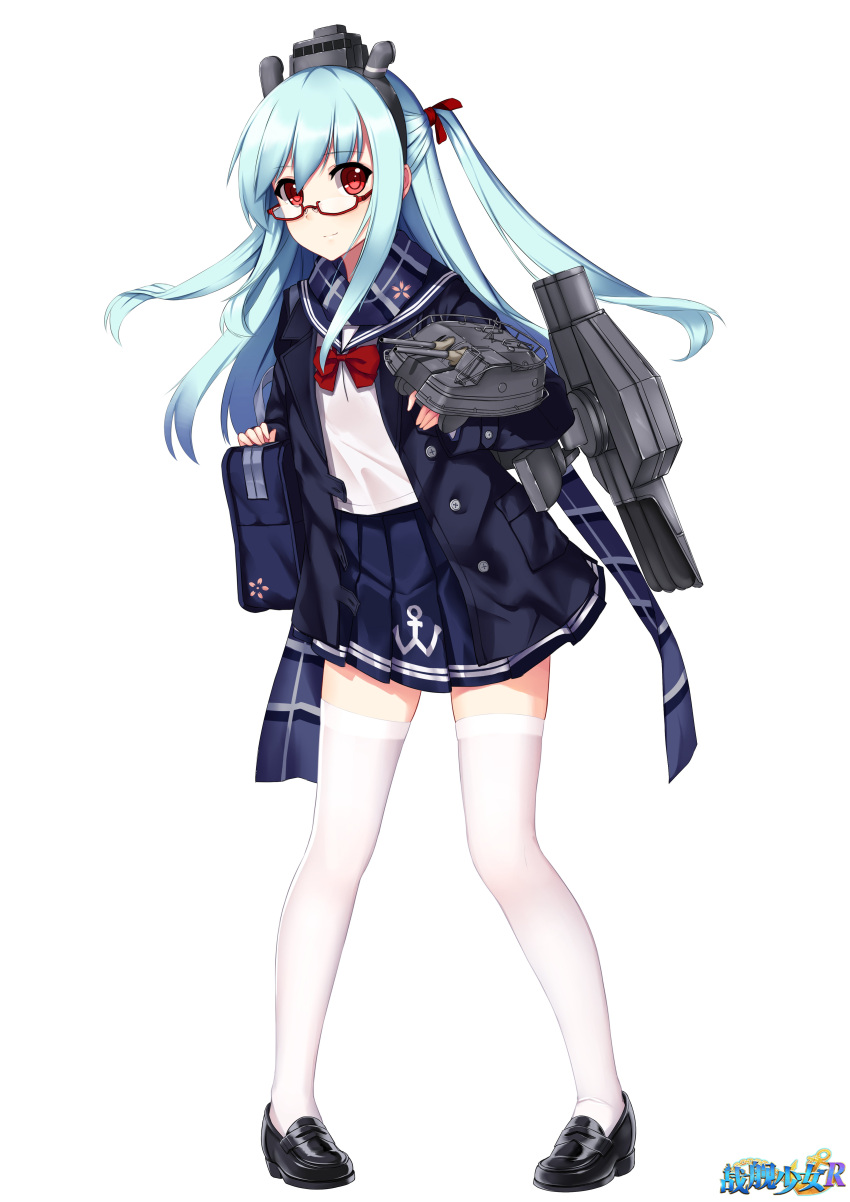 1girl absurdres allenes alternate_costume anchor_symbol bag black_shoes blue_coat blue_hair blue_scarf blue_skirt buttons cannon closed_mouth coat copyright_name fubuki_(zhan_jian_shao_nyu) full_body glasses headgear highres legs_apart long_hair long_sleeves looking_at_viewer machinery official_art open_clothes open_coat pigeon-toed plaid plaid_scarf pleated_skirt pocket red-framed_eyewear red_eyes scarf school_bag school_uniform serafuku shirt shoes skirt smile solo standing thigh-highs torpedo turret twintails white_background white_legwear white_shirt zettai_ryouiki zhan_jian_shao_nyu