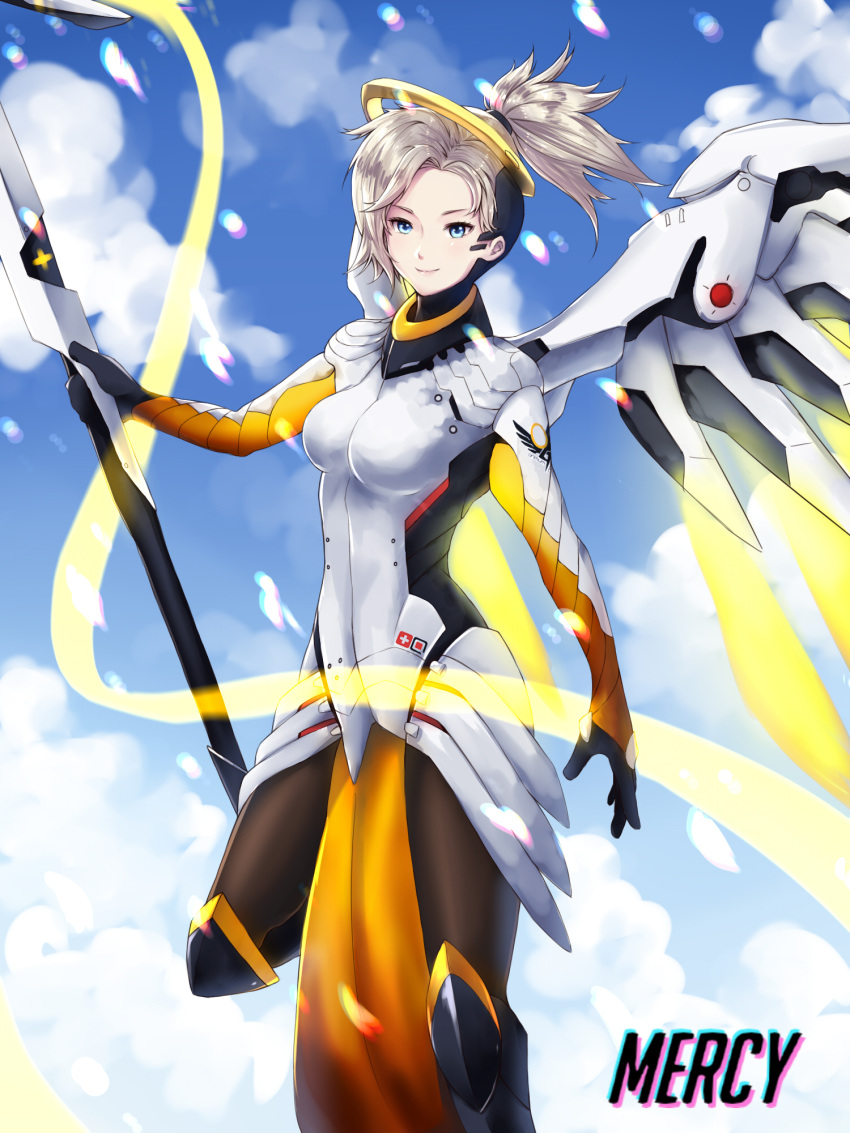 1girl blonde_hair blue_eyes blue_sky bodysuit breasts brown_legwear character_name chromatic_aberration clouds cloudy_sky cowboy_shot emblem energy_beam faulds glowing glowing_wings greaves hair_tie high_ponytail highres holding holding_staff light_particles light_smile looking_at_viewer mechanical_halo mechanical_wings medium_breasts mercy_(overwatch) one_leg_raised outdoors overwatch pantyhose pelvic_curtain sky solo spread_wings staff swiss_flag wings yellow_wings yoon_(jonatham)