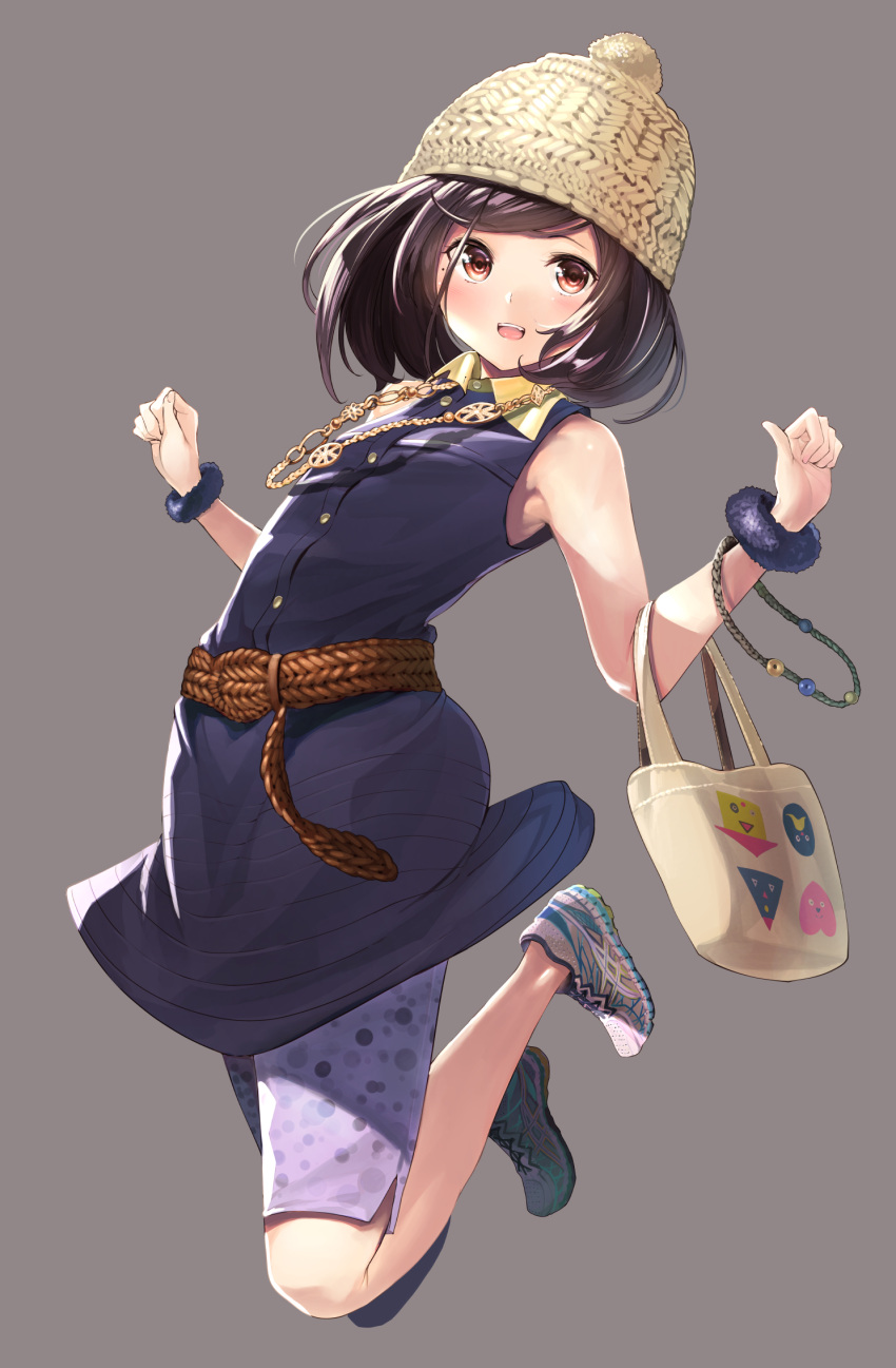 1girl :d armpits bag bangs bare_shoulders beanie belt bobblehat buttons dress eyelashes fingernails flat_chest full_body fur_trim goiro_(doukutsuwa) hat heart heart_print highres jewelry jumping looking_at_viewer mole mole_under_eye necklace no_socks open_mouth original print_shorts purple_shorts red_eyes shoes short_dress shorts simple_background sleeveless sleeveless_dress smile sneakers solo swept_bangs wrist_cuffs