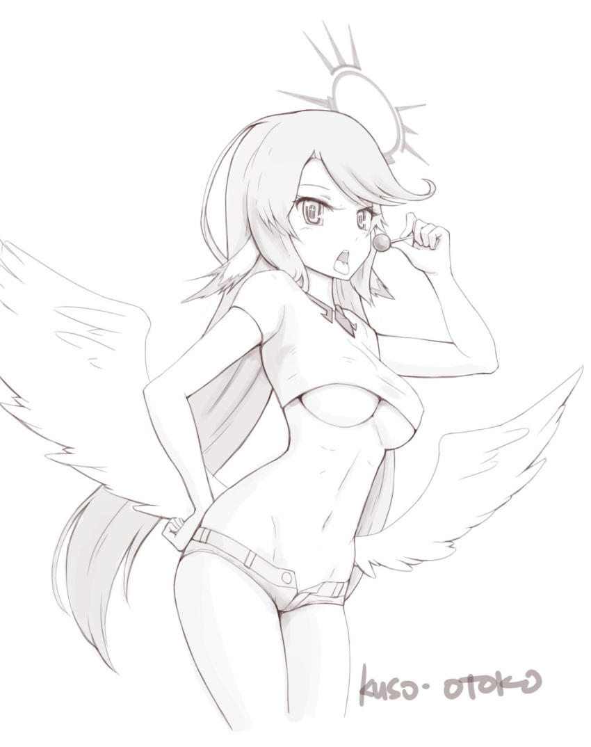 1girl angel_wings breasts candy crop_top crop_top_overhang feathered_wings food groin halo hand_on_hip highres jibril_(no_game_no_life) kuso_otoko large_breasts lollipop long_hair low_wings magic_circle midriff monochrome navel no_game_no_life open_fly open_mouth shirt short_shorts shorts skindentation solo taut_clothes taut_shirt tongue unbuttoned under_boob unzipped very_long_hair white_wings wings