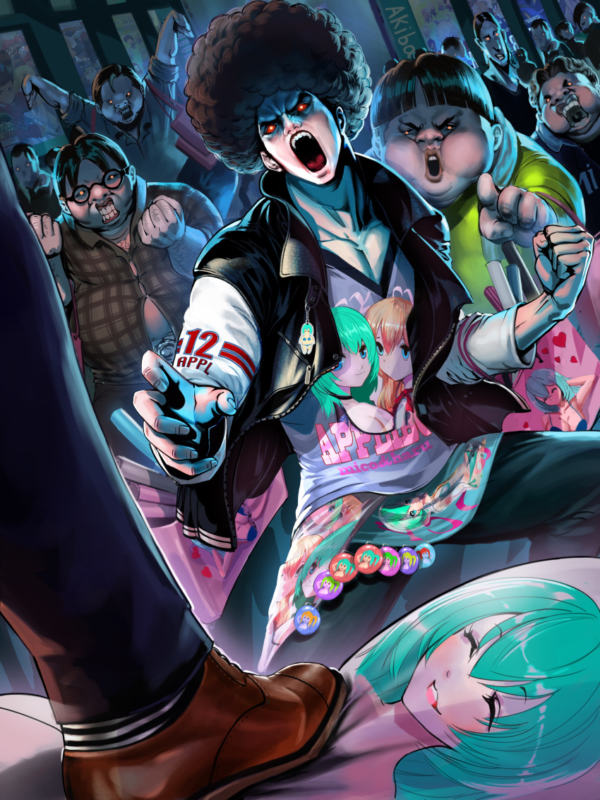 6+boys absurdres afro angry badge bangs big_hair blunt_bangs button_badge character_print character_request claw_pose clenched_hands clenched_teeth clothes_writing collarbone crowd dakimakura_(object) furyou_michi_~gang_road~ glowing glowing_eyes highres jacket looking_at_viewer multiple_boys open_clothes open_jacket otaku pillow plump red_eyes revision shirt shoes short_hair t-shirt tae_seop_shin teeth trample
