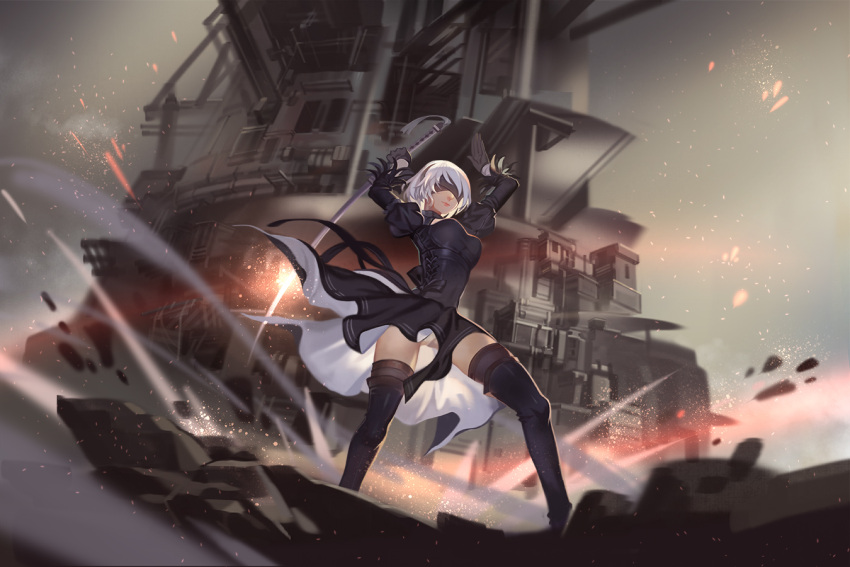 1girl afra arms_up bangs black_boots black_dress black_gloves black_hairband black_legwear blindfold boots breasts building closed_mouth cross-laced_clothes debris dress gloves glowing hairband holding holding_sword holding_weapon legs_apart light_particles long_sleeves medium_breasts motion_blur nier_(series) nier_automata no_mole outdoors palms puffy_sleeves short_hair silver_hair solo standing swept_bangs sword thigh-highs underwear upskirt vambraces weapon white_hair wind yorha_no._2_type_b