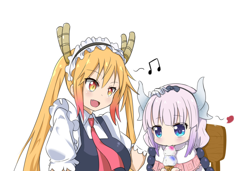 2girls beads beamed_quavers blonde_hair blue_eyes commentary_request dragon_girl dragon_tail eating fang food gloves gradient_hair hair_beads hair_ornament hairband highres horns ice_cream kaiven kanna_kamui kobayashi-san_chi_no_maidragon lavender_hair long_hair looking_at_another maid maid_headdress multicolored_hair multiple_girls musical_note necktie orange_eyes petting slit_pupils tail tooru_(maidragon) twintails upper_body white_gloves