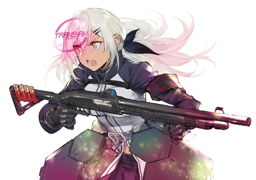 1girl breasts duoyuanjun girls_frontline gun gundam gundam_00 holding holding_gun holding_weapon large_breasts long_hair mossberg_m590_(girls_frontline) open_mouth parody shotgun solo weapon white_hair yellow_eyes