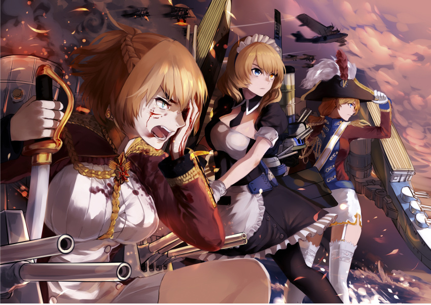 3girls absurdres aiguillette aircraft airplane apron bicorne biplane black_hat black_legwear black_necktie bleeding blonde_hair blood blood_on_face bloody_clothes blue_eyes braid breasts cannon closed_mouth clouds cloudy_sky crown_braid epaulettes fairey_swordfish fire framed_breasts frilled_skirt frills gloves hair_over_shoulder hand_on_headwear hand_on_own_face hat heterochromia highres holding holding_sword holding_weapon long_sleeves looking_to_the_side machinery maid maid_apron maid_headdress medal military military_uniform miniskirt multiple_girls necktie ocean open_mouth outdoors pantyhose prince_of_wales_(zhan_jian_shao_nyu) puffy_short_sleeves puffy_sleeves remodel_(zhan_jian_shao_nyu) renown_(zhan_jian_shao_nyu) rodney_(zhan_jian_shao_nyu) saber_(weapon) short_hair short_sleeves skirt sky smoke smokestack sword tears teeth thigh-highs turret tuzik10 uniform water weapon white_gloves white_legwear white_sash white_skirt yellow_eyes zettai_ryouiki zhan_jian_shao_nyu