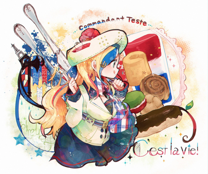 1girl anchor annotation_request beret blonde_hair blue_eyes blue_hair commandant_teste_(kantai_collection) cookie cream_puff doughnut eiffel_tower food french hat highres itomugi-kun kantai_collection long_hair macaron multicolored_hair plaid plaid_scarf pom_pom_(clothes) popsicle redhead scarf solo streaked_hair sweets tongs tongue tongue_out white_hair