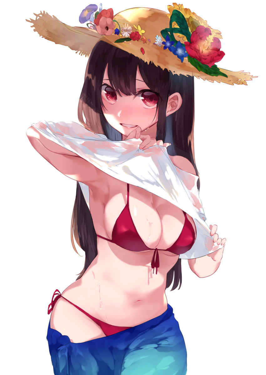 1girl bangs bikini breasts brown_hair cleavage cowboy_shot curvy eyebrows_visible_through_hair flower front-tie_bikini front-tie_top grin hair_between_eyes hat hat_flower highres large_breasts long_hair looking_at_viewer miwano_ragu navel original parted_lips red_bikini red_eyes sarong see-through shirt shirt_lift side-tie_bikini simple_background skirt skirt_pull smile solo straw_hat sun_hat sweat swimsuit teeth white_background white_shirt wide_hips