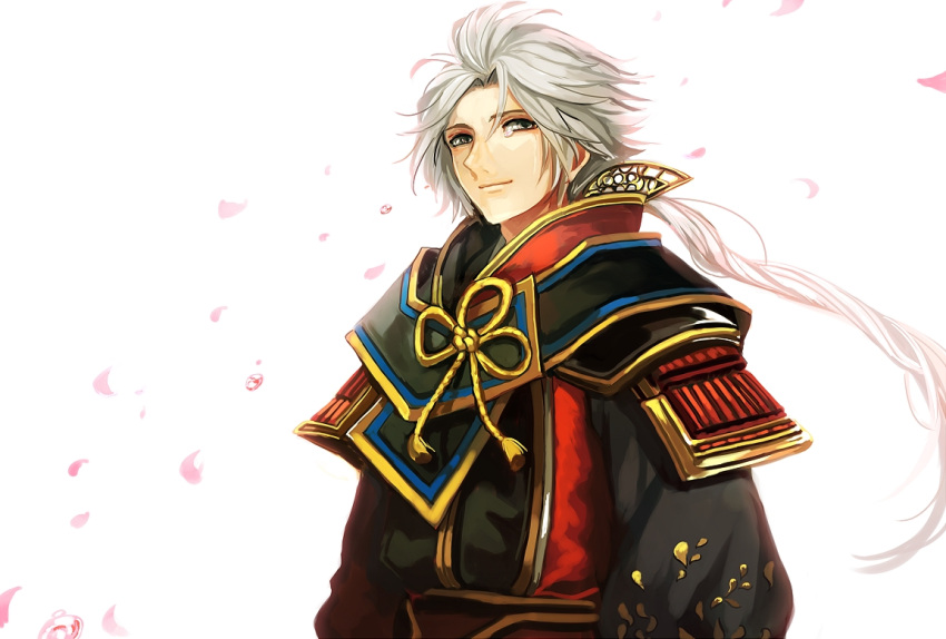 1boy armor bangs closed_mouth crying crying_with_eyes_open grey_eyes grey_hair japanese_armor japanese_clothes light_background long_hair long_sleeves looking_at_viewer low_ponytail male_focus parted_bangs petals pixiv_id_451009 ponytail sad sanada_nobuyuki sengoku_musou simple_background smile solo tears white_background wind