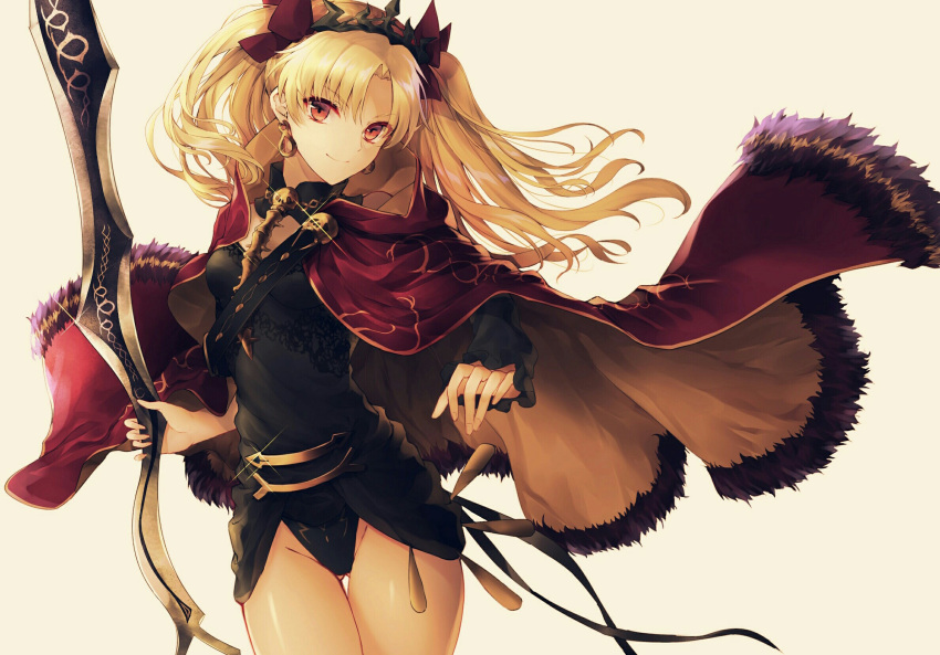 1girl arched_back black_dress blonde_hair breasts cape cowboy_shot dress earrings ereshkigal_(fate/grand_order) fate/grand_order fate_(series) floating_clothes floating_hair fur_trim groin hair_ribbon highres holding holding_weapon jewelry leotard long_hair looking_at_viewer red_cape red_eyes red_ribbon ribbon short_dress skull small_breasts smile sparkle thighs tiara tohsaka_rin toosaka_rin twintails two_side_up weapon yuririensu