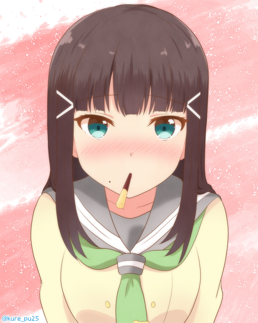 1girl aqua_eyes bangs black_hair blush collarbone double-breasted food green_neckwear hair_ornament hairpin highres kousaka_kure kurosawa_dia long_hair looking_at_viewer love_live! love_live!_sunshine!! mole mole_under_mouth mouth_hold neckerchief pink_background pocky school_uniform serafuku solo tie_clip twitter_username upper_body