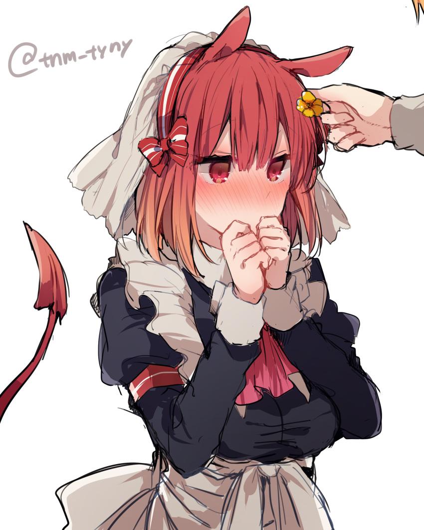 1girl absurdres animal_ears apron blush bow bowtie breasts demon_tail eyebrows eyebrows_visible_through_hair flower hair_flower hair_ornament hair_ribbon hairband hand_to_own_mouth highres large_breasts looking_to_the_side maid original out_of_frame red_eyes redhead ribbon short_hair simple_background solo_focus standing tail tanuma_(tyny) twitter_username upper_body veil waist_apron white_background