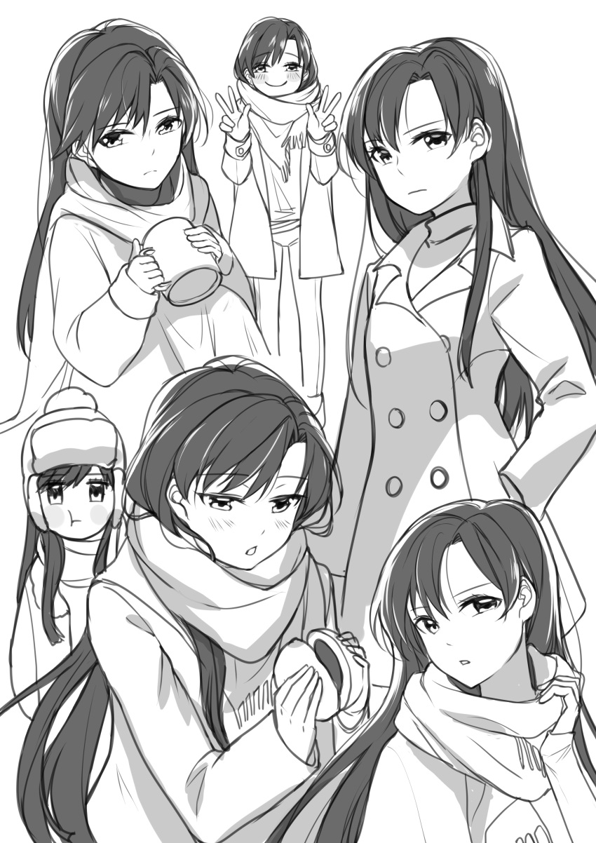 1girl 72producer absurdres expressions greyscale highres idolmaster kisaragi_chihaya long_hair looking_at_viewer monochrome pose scarf sketch smile solo