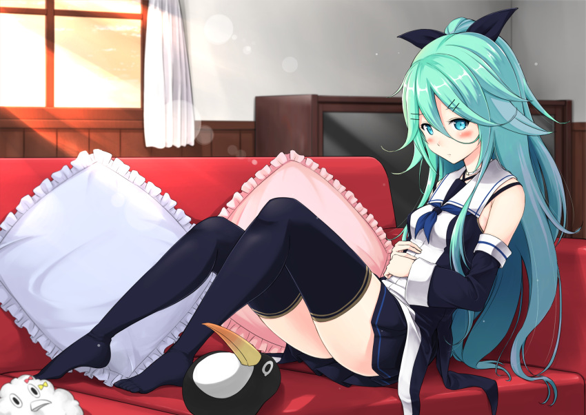 1girl bangs bare_shoulders black_legwear black_ribbon black_skirt blush couch detached_sleeves failure_penguin feet from_side full_body hair_between_eyes hair_ornament hair_ribbon hairclip highres indoors kantai_collection lens_flare long_hair looking_at_viewer miss_cloud neckerchief no_shoes parted_bangs pleated_skirt ponytail restroom ribbon school_uniform sidelocks sitting skirt solo stuffed_toy thigh-highs toes wooden_wall yamakaze_(kantai_collection) yuuki_kazuhito zettai_ryouiki
