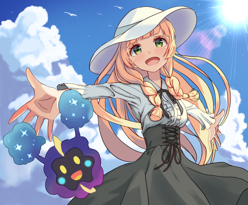 1girl alternate_costume bangs blonde_hair blue_sky blunt_bangs blush braid breasts clouds collared_shirt cosmog day dress frilled_sleeves frills green_eyes happy hat highres lace lace-trimmed_dress lillie_(pokemon) long_hair long_sleeves looking_at_viewer open_mouth outstretched_arms pokemon pokemon_(game) pokemon_sm ribbon shirt sky solo spread_arms sun sun_hat sunlight twin_braids virgin_killer_outfit