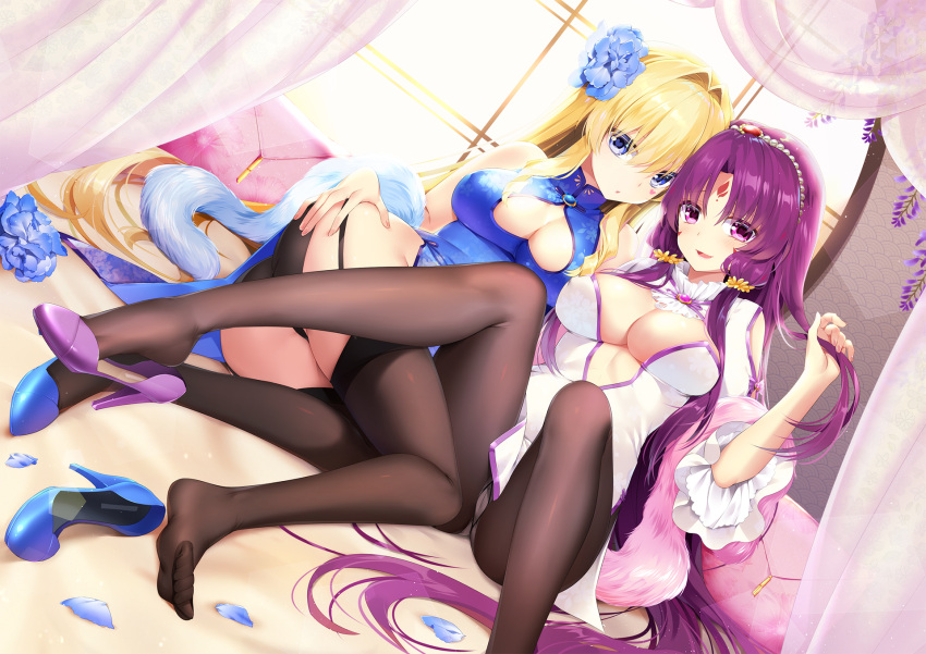 2girls ass black_panties blonde_hair blue_eyes breasts brown_hair china_dress chinese_clothes cleavage_cutout commentary curtains delores_(mvv) dress dutch_angle eleanor_(mvv) facial_mark feather_boa flower forehead_mark garter_straps hair_flower hair_ornament hand_on_own_ass heart heart-shaped_pupils high_heels highres large_breasts long_hair looking_at_viewer multiple_girls mvv original panties pantyhose parted_lips petals purple_hair shoe_dangle shoe_removed sitting smile symbol-shaped_pupils thigh-highs underwear very_long_hair violet_eyes