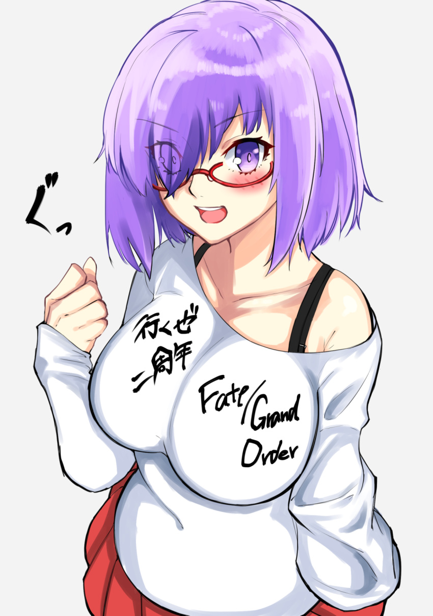 1girl blush breasts casual collarbone eyebrows_visible_through_hair fate/grand_order fate_(series) glasses grey_background hair_over_one_eye highres large_breasts open_mouth purple_hair shielder_(fate/grand_order) short_hair simple_background solo violet_eyes