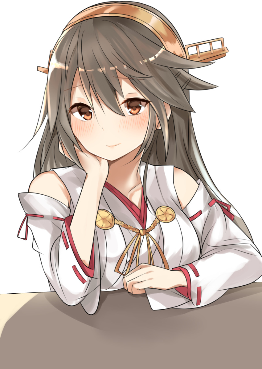 1girl absurdres bangs bare_shoulders blush breasts brown_eyes brown_hair chin_rest closed_mouth collarbone detached_sleeves eyebrows_visible_through_hair hair_between_eyes hairband hand_on_own_cheek haruna_(kantai_collection) headgear highres kantai_collection large_breasts long_hair looking_at_viewer natsu_(sinker8c) nontraditional_miko remodel_(kantai_collection) ribbon-trimmed_sleeves ribbon_trim simple_background smile solo table white_background