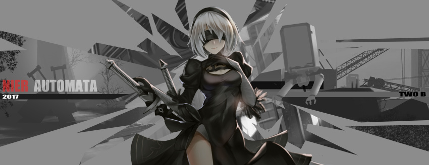 1girl 2017 absurdres black_dress black_gloves black_ribbon blindfold boots breasts character_name cleavage cleavage_cutout closed_mouth copyright_name covered_eyes cowboy_shot dated dress drone floating gloves hand_on_hilt hand_on_own_chest hand_up highres juliet_sleeves katana long_sleeves machinery medium_breasts mole mole_under_mouth nier_(series) nier_automata noboru_(pixiv8503150) pod_(nier_automata) puffy_sleeves ribbon robot short_hair side_slit silver_hair solo sword turtleneck vambraces weapon weapon_on_back white_hair white_leotard yorha_no._2_type_b