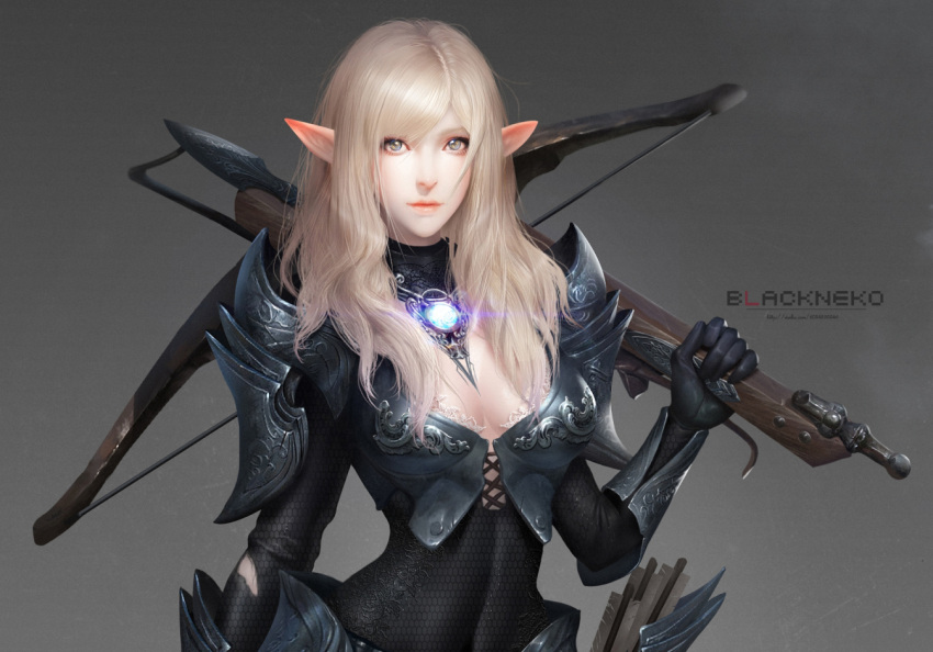 1girl armor armored_boots artist_name blonde_hair bolt boots bow_(weapon) bra breasts chainmail cleavage covered_navel crossbow detached_collar dual_wielding elf full_body green_eyes lace lace-trimmed_bra lips long_hair neko_(314089734) original pointy_ears skin_tight solo spaulders underwear vambraces wavy_hair weapon