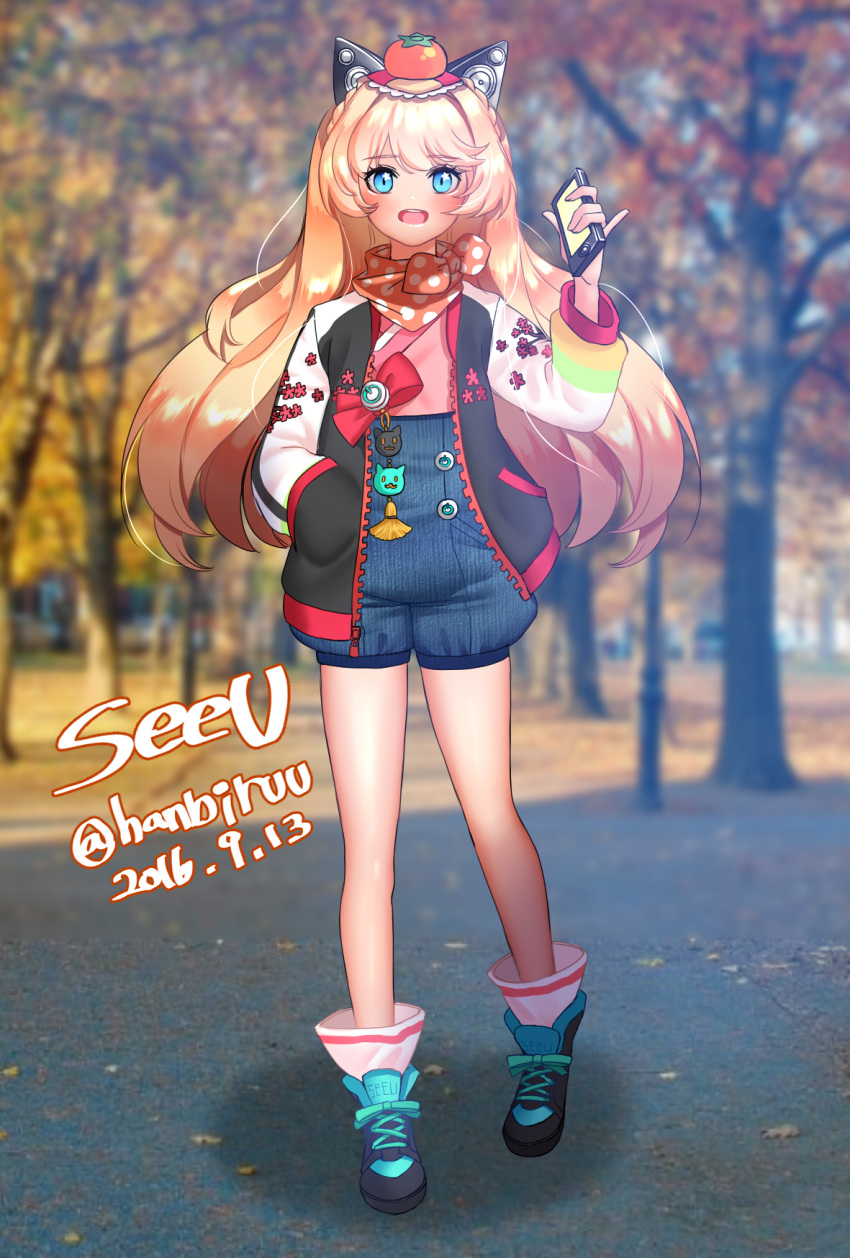 1girl animal_ears blonde_hair blue_eyes blush cat_ear_headphones cat_ears cellphone charm_(object) dated flat_chest hand_in_pocket headphones highres jacket letterman_jacket long_hair neckerchief open_clothes open_jacket open_mouth paki_hanbiruu phone photo_background pinky_out power_symbol seeu shoes shorts smartphone sneakers solo star star-shaped_pupils symbol-shaped_pupils vocaloid
