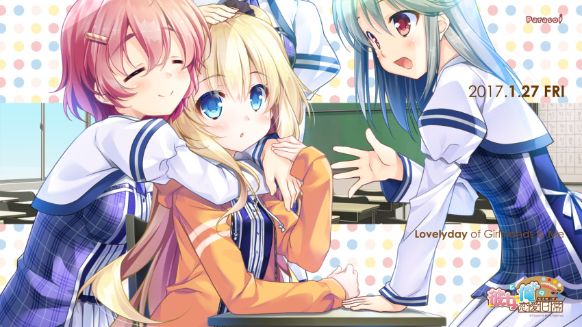 2017 4girls :d arm_support blonde_hair blue_eyes character_request chikotam classroom closed_eyes eyebrows_visible_through_hair green_hair hair_ornament hairclip hand_on_another's_head highres hood hooded_jacket hug hug_from_behind indoors jacket kanojo_to_ore_no_lovely_day kongou_alice long_hair multiple_girls open_mouth orange_jacket parted_lips pink_hair pleated_skirt red_eyes ribbon scan short_hair skirt smile very_long_hair white_ribbon white_skirt