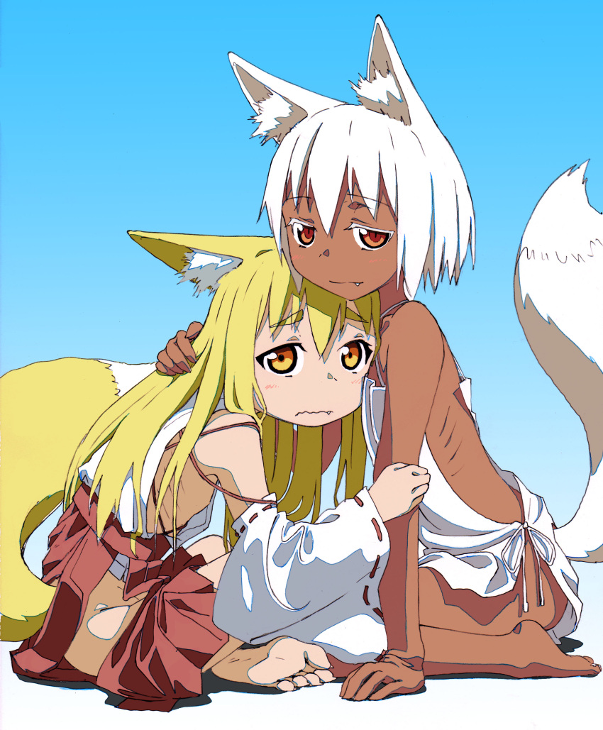 2girls absurdres animal_ears bangs bare_arms bare_shoulders barefoot barikiosu blonde_hair blue_background bob_cut colored_eyelashes dark_skin detached_sleeves eyebrows_visible_through_hair fang feet flat_chest fox_ears fox_tail from_side frown full_body gradient gradient_background hair_between_eyes hair_grab hakama hand_on_another's_arm highres hip_vent hug indian_style japanese_clothes light_smile long_hair looking_at_viewer miko multiple_girls no_bra no_panties orange_eyes original petite red_hakama ribbon-trimmed_sleeves ribbon_trim ribs seiza sharp_toenails short_hair side_cutout side_slit simple_background sitting smile soles tail tareme thick_eyebrows toenails toes wavy_mouth white_background white_eyelashes white_hair wide_sleeves