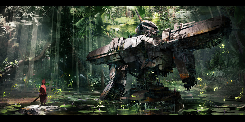 1girl animal_ears blurry commentary highres jumpei99 jungle letterboxed light_rays lily_pad mecha nature original plant realistic ruins scenery science_fiction severed_arm severed_limb solo sunlight swamp sword tree vines water weapon wreckage