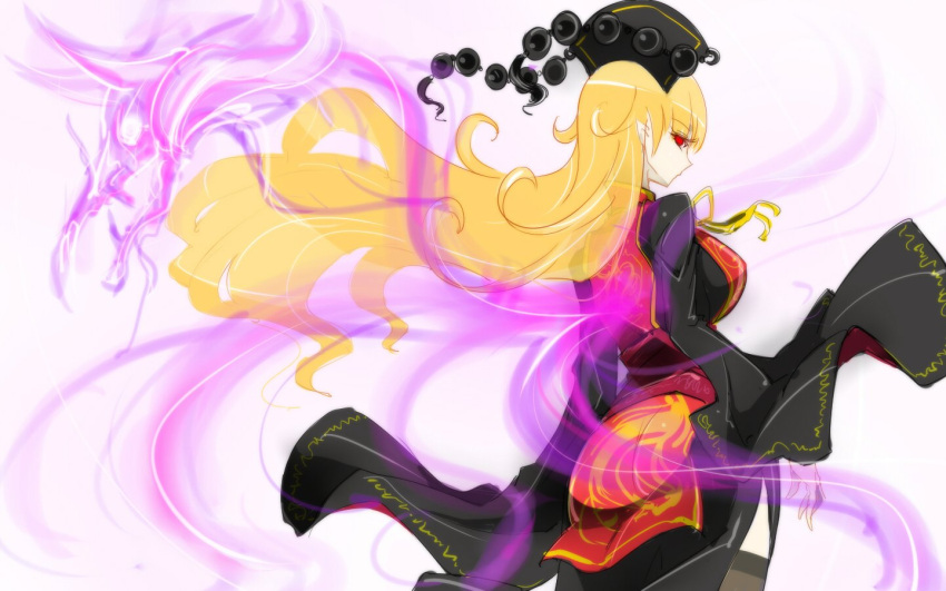 1girl ass aura bangs black_dress blonde_hair breasts chinese_clothes cowboy_shot dragon dress energy expressionless from_behind hat junko_(touhou) large_breasts long_hair long_sleeves looking_at_viewer looking_back obi pink_background pointy_ears raptor7 red_eyes ribbon sash side_slit sketch solo standing tabard thigh-highs touhou very_long_hair wide_sleeves wind