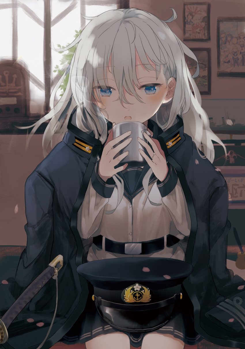 1girl anchor_symbol artist_request belt blue_eyes blush cup hair_between_eyes hat hibiki_(kantai_collection) highres holding holding_cup kantai_collection long_hair long_sleeves looking_at_viewer military_hat neckerchief school_uniform serafuku silver_hair sitting solo verniy_(kantai_collection)