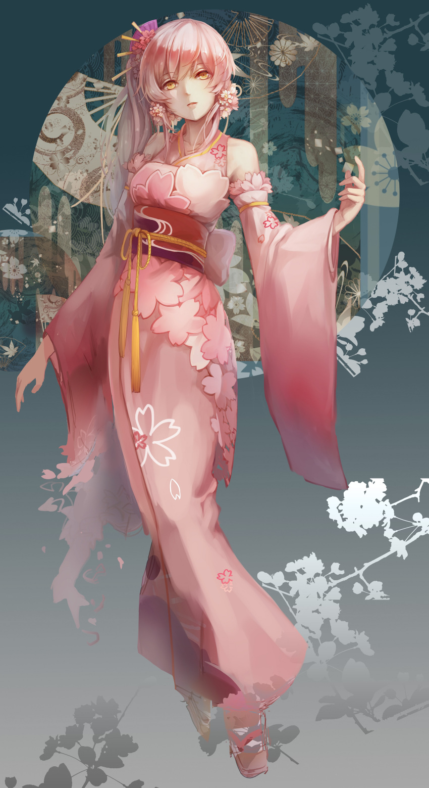 1girl absurdres arm_at_side bangs bare_shoulders breasts cherry_blossoms detached_sleeves eyebrows_visible_through_hair fan floral_background floral_print flower folding_fan full_body gradient gradient_background hair_flower hair_ornament hair_stick highres japanese_clothes kikumon kimono lipstick long_hair long_sleeves looking_at_viewer makeup medium_breasts miracle_nikki obi outstretched_hand parted_lips pink_kimono sash side_ponytail sidelocks sketch solo superdong tassel wide_sleeves yellow_eyes