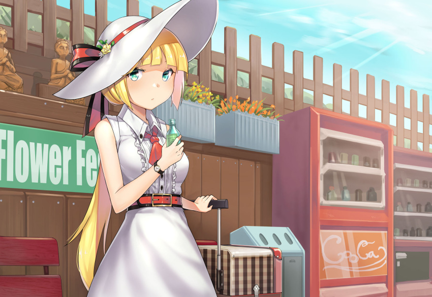 1girl :/ aqua_eyes belt bench blonde_hair blush bottle btraphen center_frills closed_mouth clouds day dress english female fence flower flower_bed hat highres holding holding_bottle long_hair low_ponytail original outdoors sky sleeveless sleeveless_dress solo statue suitcase sun_hat sunlight trash_can vending_machine white_dress white_hat wooden_fence