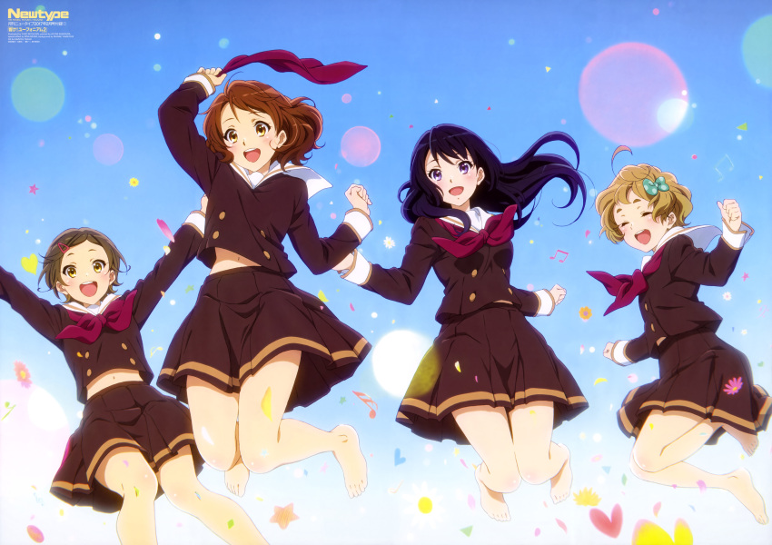 4girls :d absurdres ahoge arm_up arms_up barefoot black_hair bow brown_eyes brown_hair brown_shirt brown_skirt closed_eyes feet floating_hair green_bow hair_bow hair_ornament hairclip hibike!_euphonium highres jumping katou_hazuki katou_hazuki_(hibike!_euphonium) kawashima_sapphire kousaka_reina lens_flare light_brown_hair long_hair midriff multiple_girls myouken_yuuko navel newtype official_art open_mouth oumae_kumiko pleated_skirt scan school_uniform serafuku shirt short_hair skirt smile stomach toes violet_eyes