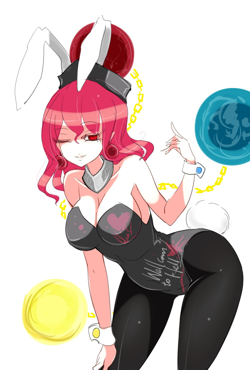 1girl alternate_costume animal_ears bangs belly bent_over black_legwear black_leotard breasts bunny_girl bunny_tail chains cleavage clothes_writing cowboy_shot detached_collar detached_sleeves earrings earth_(ornament) fake_animal_ears fake_tail gold_chain hair_between_eyes half-closed_eye hand_up heart heart_print hecatia_lapislazuli highres jewelry leotard medium_breasts moon_(ornament) one_eye_closed pantyhose pointy_ears polos_crown rabbit_ears raptor7 redhead shiny shiny_clothes shiny_hair simple_background sketch solo tail touhou white_background