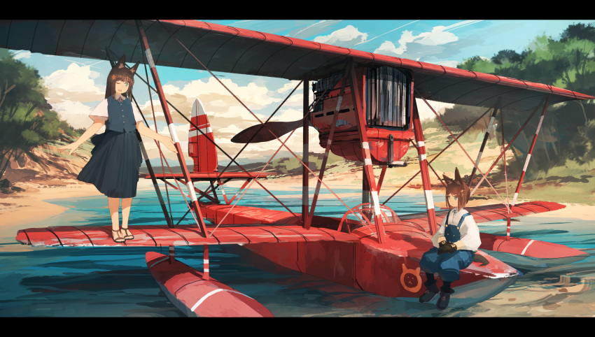 1boy 1girl aircraft airplane animal_ears beach biplane blue_eyes blurry brown_hair clouds depth_of_field flower fox_ears gloves hair_flower hair_ornament highres jumpei99 letterboxed long_hair looking_at_another neck_ribbon one_eye_closed open_mouth original overalls ribbon sandals seaplane short_hair sitting sketch skirt sky smile tail tree vest water