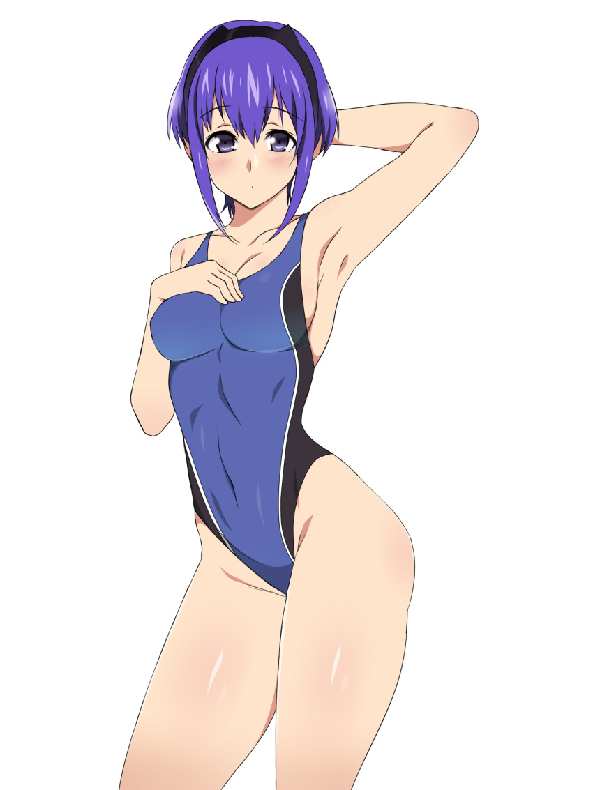 1girl alternate_skin_color arm_behind_head armpits assassin_(fate/prototype_fragments) blush breasts cleavage competition_swimsuit dark_skin fate/prototype fate/prototype:_fragments_of_blue_and_silver fate_(series) hairband highleg highres kagemusha looking_at_viewer one-piece_swimsuit purple_hair short_hair sideboob simple_background solo swimsuit violet_eyes white_background