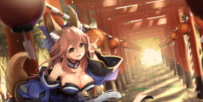 1girl :3 \n/ animal_ears blurry bow breasts cleavage depth_of_field detached_sleeves fang fate/extra fate_(series) foreshortening fox_ears fox_tail hair_bow hair_ribbon japanese_clothes kittika_thaworn large_breasts leaf looking_at_viewer open_mouth outdoors pink_hair ribbon solo sunlight tail tamamo_(fate)_(all) tamamo_no_mae_(fate) yellow_eyes