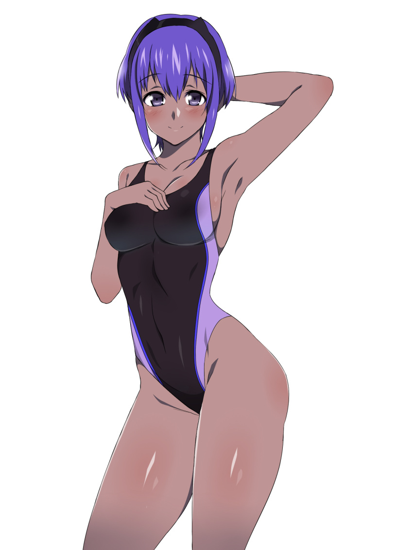 1girl arm_behind_head armpits assassin_(fate/prototype_fragments) blush breasts cleavage competition_swimsuit dark_skin fate/prototype fate/prototype:_fragments_of_blue_and_silver fate_(series) hairband highleg highres kagemusha looking_at_viewer one-piece_swimsuit purple_hair short_hair sideboob simple_background smile solo swimsuit violet_eyes white_background